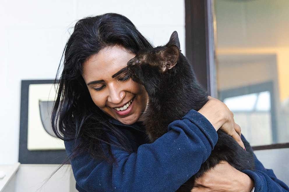 Animal care assistant cuddling a black cat.